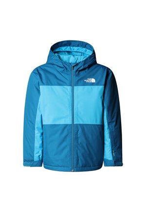 Geacă albastră cu glugă, având dungi orizontale contrastante de culoare albastru deschis. Confecționată din material impermeabil, cu fermoar și manșete elastice.