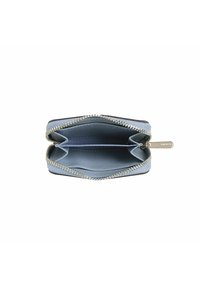 Zippered wallet in light blue with a textured exterior, tan interior, two compartments, and metallic zipper detailing.