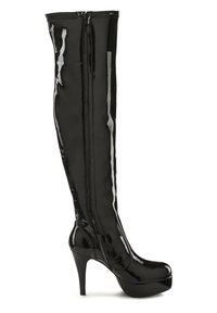 Knee-high stiletto boots in shiny black patent leather with a platform, featuring a side zip and smooth finish.