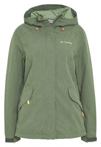 Green, textured jacket with a hood, featuring a front zipper, two side pockets, and orange accents. Logo displayed on the upper left chest.