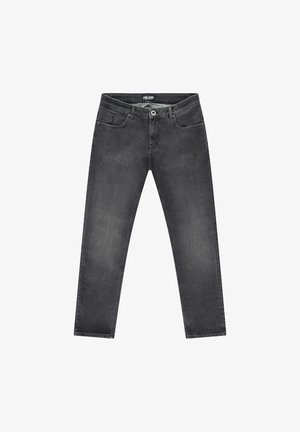 Zwarte denim jeans met een slanke pasvorm, voorzien van vijf zakken, een ritssluiting en subtiele verweerde details door de stof heen.