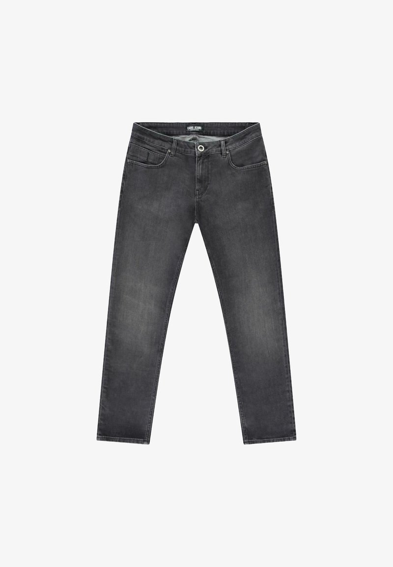 Zwarte denim jeans met een slanke pasvorm, voorzien van vijf zakken, een ritssluiting en subtiele verweerde details door de stof heen.