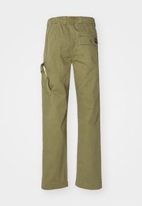 Olive green cargo pants with a straight leg, elastic waistband, side cargo pocket, and back pocket. Made of durable cotton material.