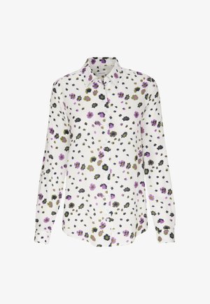 White long-sleeve button-up shirt with collar, featuring scattered small purple, green, and black floral patterns.
