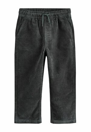 Pantaloni in velluto a coste grigio scuro con vita elasticizzata e coulisse, con tasche laterali e gambe dritte.