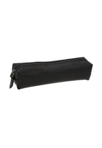 Zwarte leren etui met een rechthoekige vorm, gladde textuur en een metalen rits. Voorzien van een reliëf logo van het merk aan de zijkant.