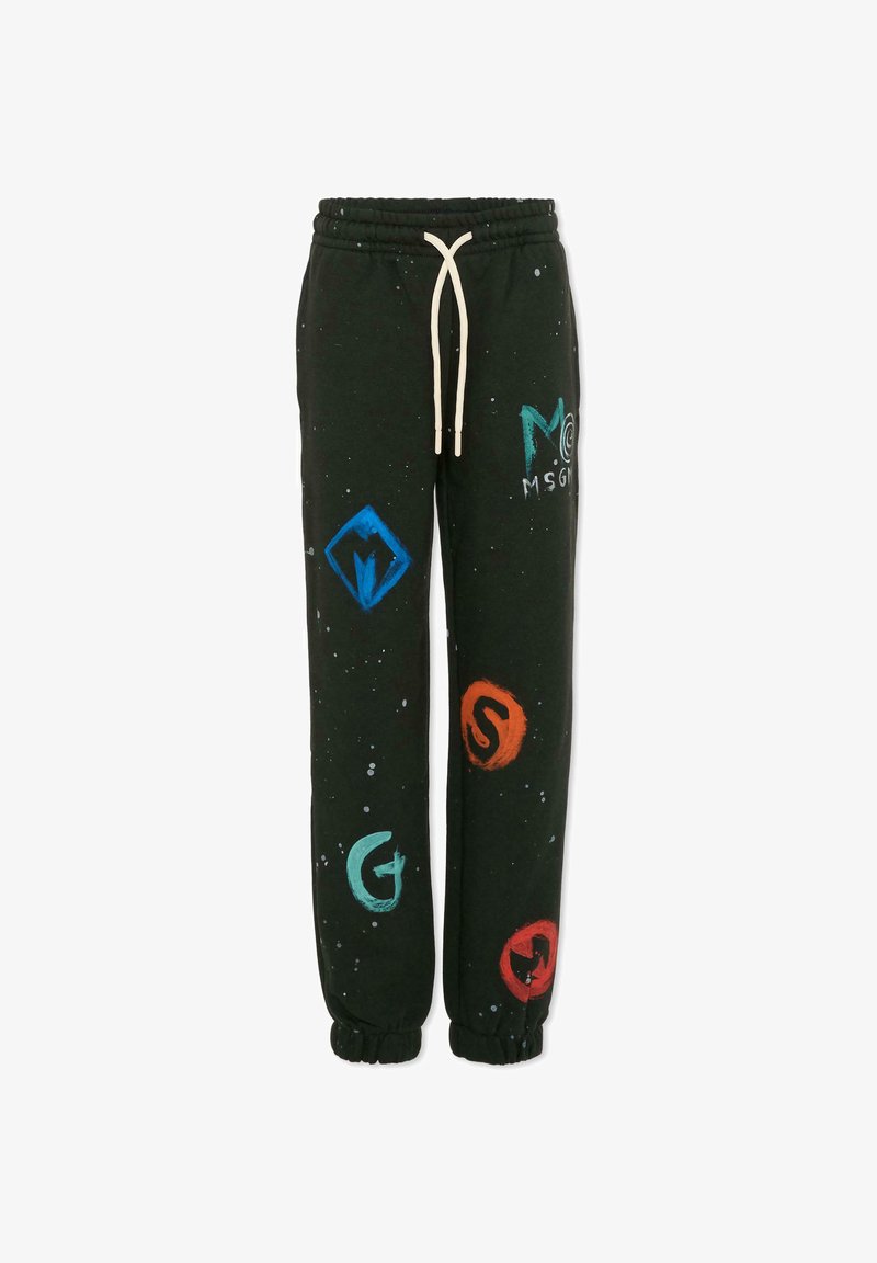 Czarne dresy wykonane z mieszanki bawełny, zdobione kolorowymi malowanymi symbolami i elastycznym sznurkiem w pasie. Rękawy są elastyczne.