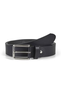 Zwarte leren riem met een gladde textuur, zilveren rechthoekige gesp en een enkele drukknoopdetail. Het uiteinde van de riem loopt soepel af voor een verfijnde uitstraling.