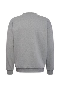 Felpa lunga grigia con maniche a lunga e polsini e vita a costine, mostrata da dietro su uno sfondo bianco.