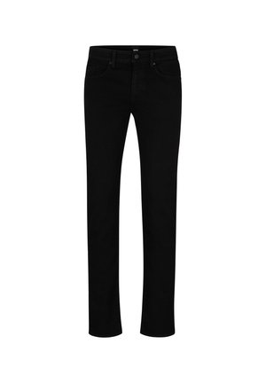 Jeans en denim noir à coupe droite, cinq poches et fermeture à bouton. Texture lisse sans motifs ni embellissements visibles.