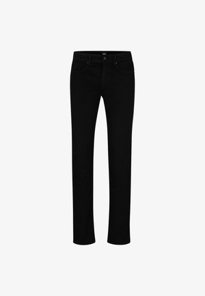 Mustad teksapüksid sirge lõikega, viie taskuga ja nööbiga kinnitusega. Sile tekstuur, ilma nähtavate mustrite või kaunistusteta.