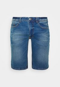 Shorts de mezclilla azul con detalles descoloridos, cierre de botón, trabillas para cinturón y bolsillos frontales, exhibidos sobre un fondo blanco.