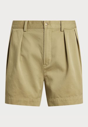 Khaki korte broek van katoenmix, met een geplisseerde voorkant, klassieke tailleband met knoopsluiting en op maat gemaakte zoom.