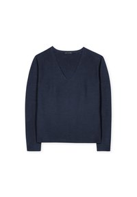 Marineblauer V-Ausschnitt-Pullover aus einem weichen, strukturierten Stoff, mit langen Ärmeln und einer lockeren Passform, die am Saum etwas ausgestellt ist.