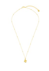 Collier en chaîne dorée avec de petites perles décoratives et un pendentif en forme de trèfle. Longueur réglable avec une fermeture à mousqueton.
