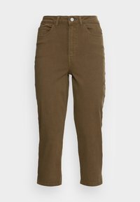 Calças de cintura alta, na cor caqui, feitas de um tecido macio e respirável. Apresentam cinco bolsos e fecho com botão. Design de perna reta.