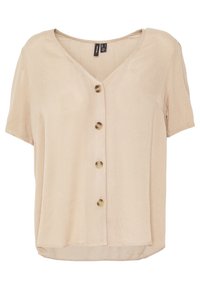 Beige blus med korta ärmar och V-ringning med fyra bruna knappar framtill, tillverkad av lätt tyg.