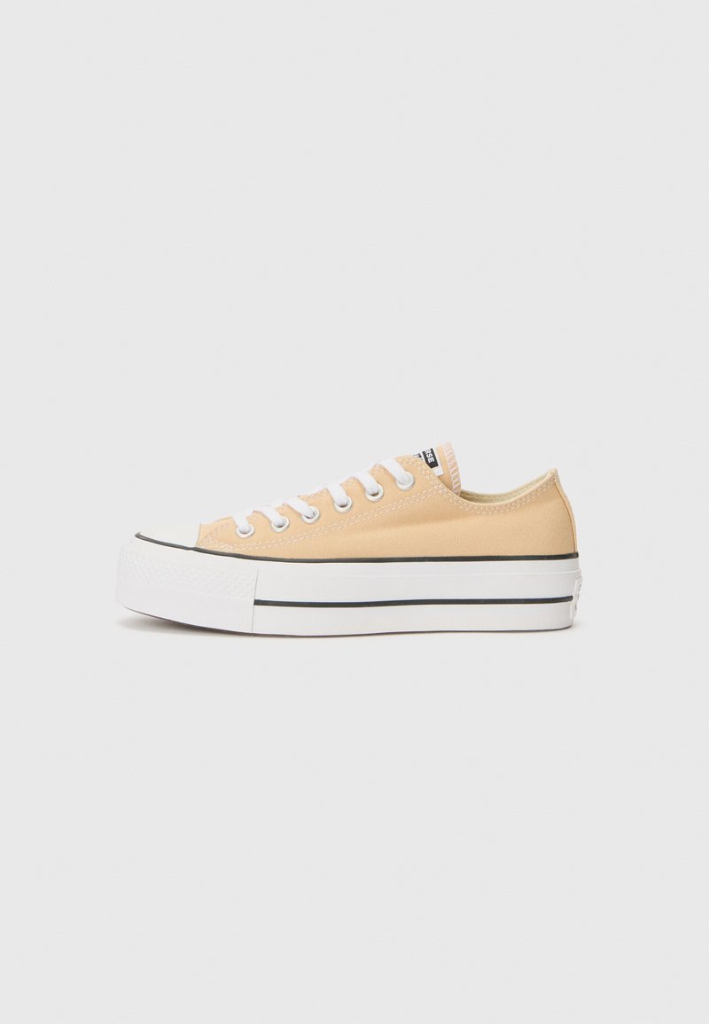 Beige lerret sneakers med hvit gummisåle, svart aksentstripe og hvite snører. Har en avrundet tå og sydd detaljer.