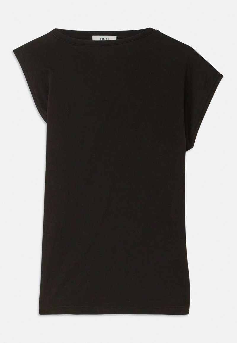 Schwarzes T-Shirt aus Baumwolle mit lässiger Passform, kurzen Cap-Ärmeln, rundem Ausschnitt und glatter Textur.