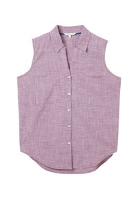 Camisa sin mangas de color púrpura claro con un patrón a cuadros, cuello con solapa, delantero abotonado y dos bolsillos en el pecho. El dobladillo es ligeramente curvado.