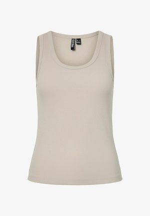 Lys beige ribbet tanktop med en rund halsudskæring, uden ærmer og med en tætsiddende silhuet. Har subtil tekstur og en ren kant.