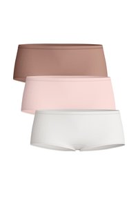 Drie paar dames hipsterondergoed in lichtbruin, zachtroze en wit. Gemaakt van soepele, rekbare stof met een naadloos ontwerp.