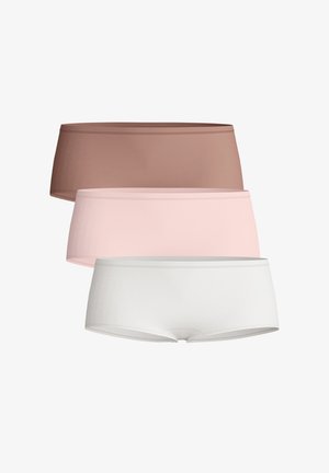 Trois paires de culottes hipster pour femmes en marron clair, rose doux et blanc. Fabriquées en tissu lisse et extensible avec un design sans coutures.