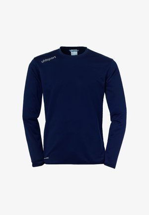T-shirt de sport à manches longues bleu marine en tissu lisse, avec un col rond et le logo "uhlsport" sur l'épaule gauche.