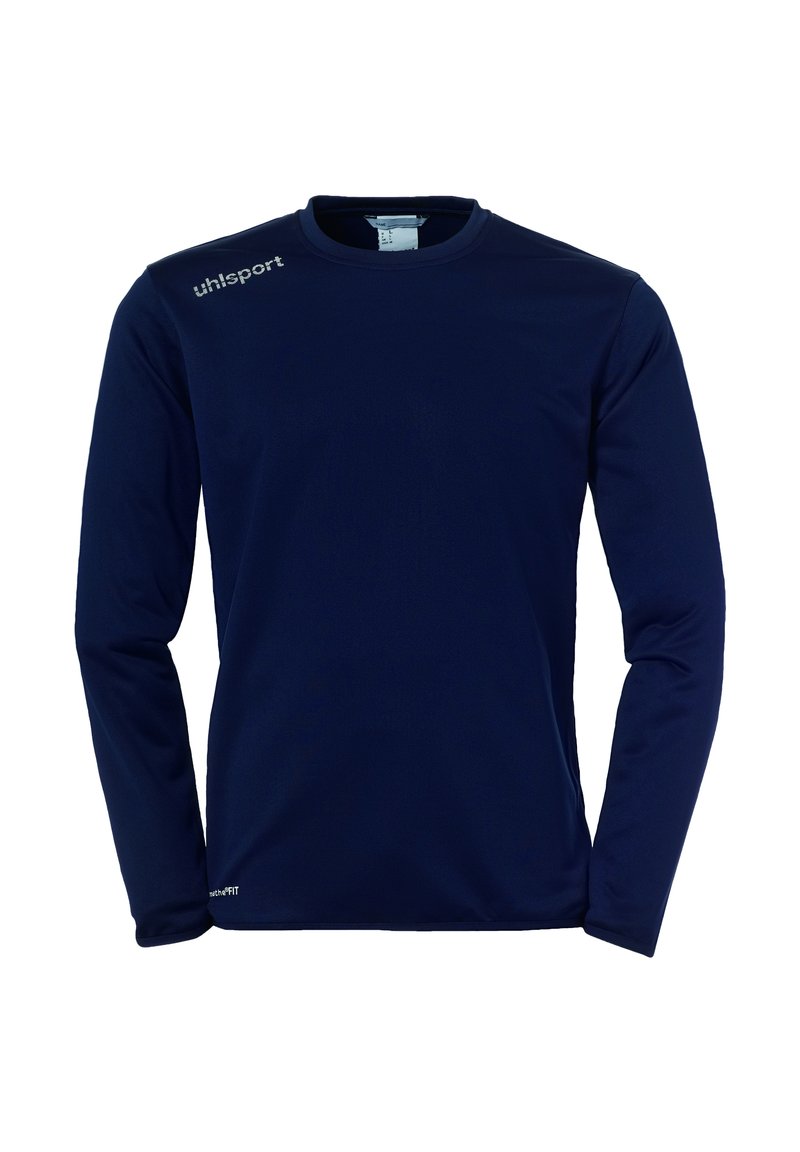 Navyblaues, langärmliges Athletikshirt aus glattem Stoff, mit Rundhalsausschnitt und "uhlsport"-Logo auf der linken Schulter.