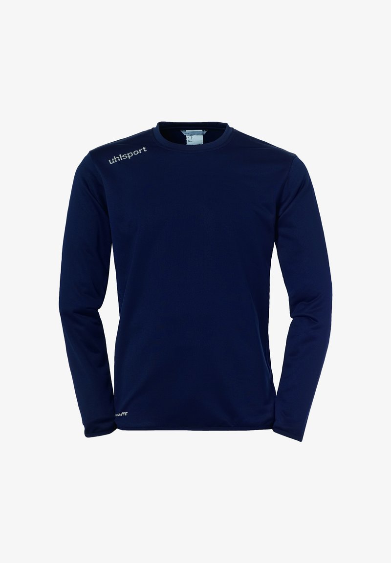 Navyblaues, langärmliges Athletikshirt aus glattem Stoff, mit Rundhalsausschnitt und "uhlsport"-Logo auf der linken Schulter.