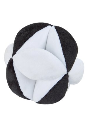 Soft plush puzzle ball in black and white segments, with interlocking curved panels forming a 3D geometric shape.
