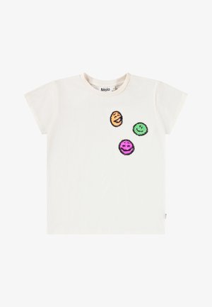T-shirt en coton blanc à manches courtes, présentant quatre visages emoji brodés en orange, vert, violet et rose à l'avant.