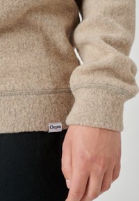 Beige wool sweater with a textured finish, featuring a cuffed sleeve and a Clepto logo tag near the hem. The design is simple and fitted.