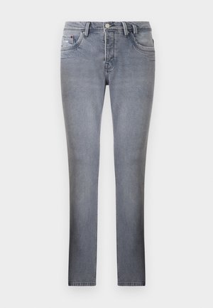 Slim-fit grijze spijkerbroek van denim met vijf zakken, knoopsluiting en riemlussen, afgebeeld op een effen achtergrond.