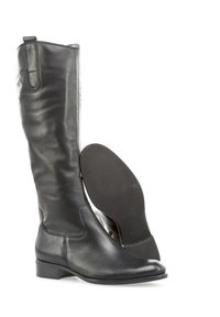 Knee-high black leather boots with a smooth texture, minimal stitching, square toe, and a low block heel, featuring a side zipper for entry.