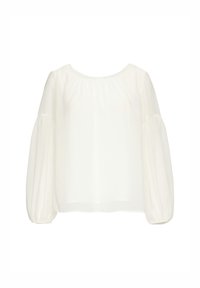 Witte chiffon blouse met een ronde halslijn en lange, wijdvallende mouwen, voorzien van gerimpelde details bij de schouders en manchetten.