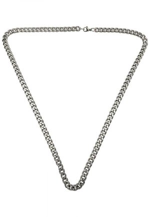 Metallkettchen-Halskette, silberfarben, miteinander verbundene Glieder, flaches Design, Verschluss mit Karabiner, ungefähr 50 cm lang.