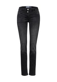 Zwarte spijkerbroek van denim met een slim fit, sluiting met twee knopen, vijf zakken en subtiele stikdetails. Gladde textuur en klassiek ontwerp.