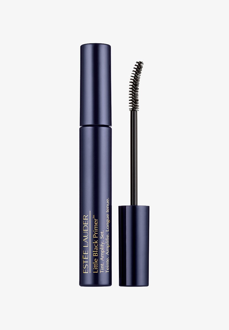 Tube de base pour cils Estée Lauder bleu marine avec une brosse à mascara incurvée montrant des poils noirs sur fond blanc.