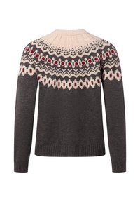 Dunkelgrauer Strickpullover mit cremefarbenen, schwarzen und roten geometrischen Mustern um den Halsausschnitt und die Schultern, gerippte Ärmelabschlüsse und Saum.