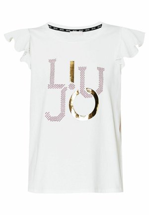 T-shirt bianco in cotone con testo "Liu Jo" in oro e rosa, maniche corte in rete arricciate e scollatura rotonda.