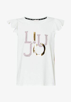 T-shirt bianco in cotone con testo "Liu Jo" in oro e rosa, maniche corte in rete arricciate e scollatura rotonda.