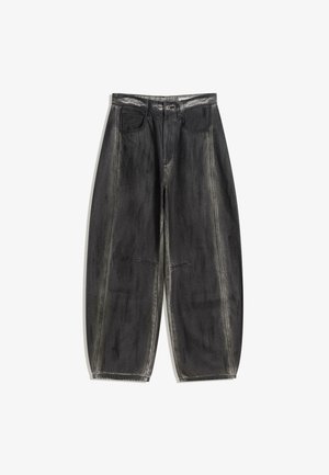 Pantaloni in denim neri baggy con effetto sbiadito, tasche anteriori e cuciture a contrasto. Il tessuto ha un aspetto leggermente strutturato.