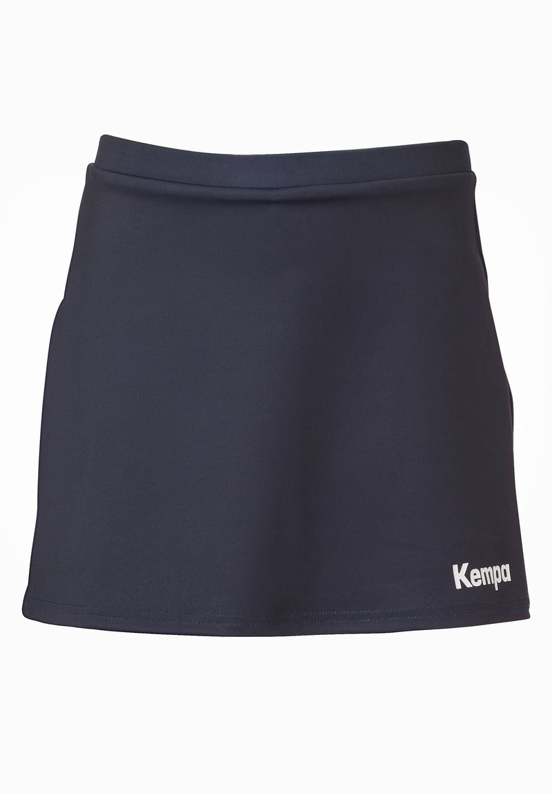 Falda deportiva azul marino hecha de tejido ligero, con una textura suave y un ligero estiramiento. Incluye un logo blanco de "Kempa" en la parte frontal.
