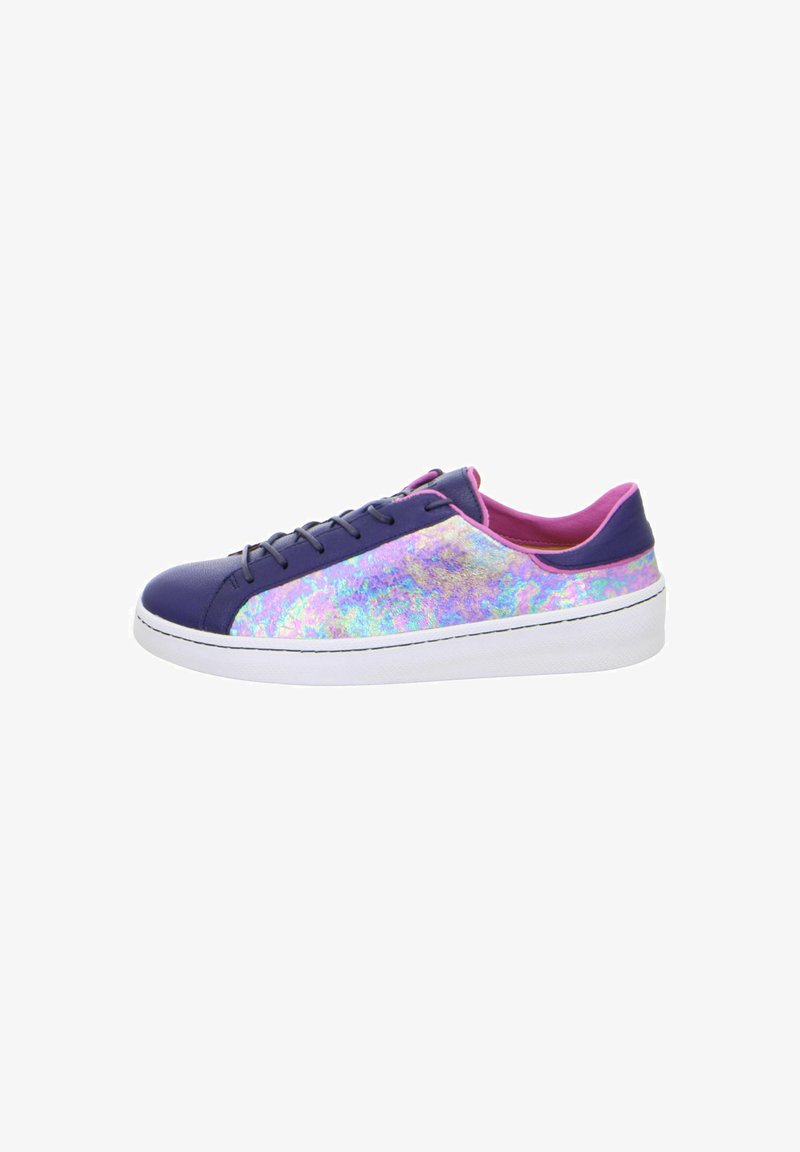 Purple sneaker featuring a holographic side panel, white midsole, and contrasting pink accents on the interior and heel. Lace closure.
