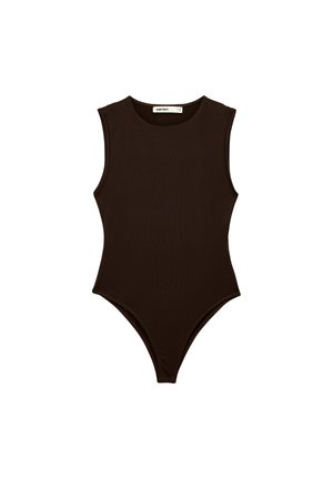 Body nero senza maniche con scollatura tonda e aperture laterali alte, disteso su sfondo bianco.