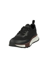Black athletic shoe with mesh upper, contrasting brown sole, and textured accents. Features padded collar and laces for closure.