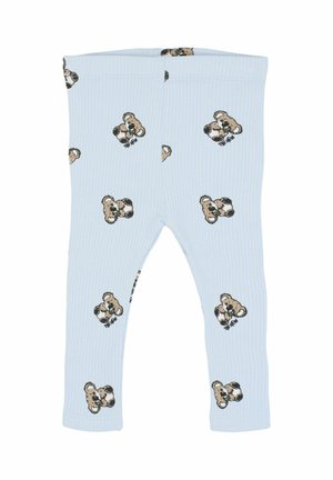 Light blue ribbed leggings featuring a repeated teddy bear print in brown and black, with a cuffed hem at the bottom.