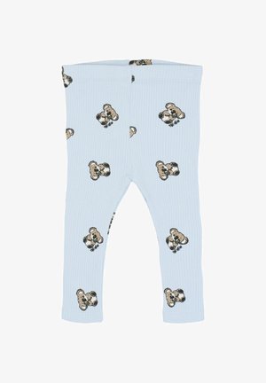 Leggings azzurri chiaro a coste con stampa ripetuta di orsacchiotti in marrone e nero, con orlo a risvolto sul fondo.