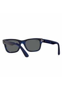 Occhiali da sole blu navy con montatura rettangolare, strisce trasparenti e lenti grigie. Presentano tempie curve e un accento in metallo sulla montatura.